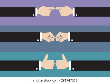 Vector cartoon illustration of three sets of hand gestures in side view isolated on plain colored background.
