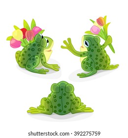 vector Cartoon illustration three toads with bouquets of flowers. Fairy tale character. Clip art isolated on white background. EPS 10 without mesh