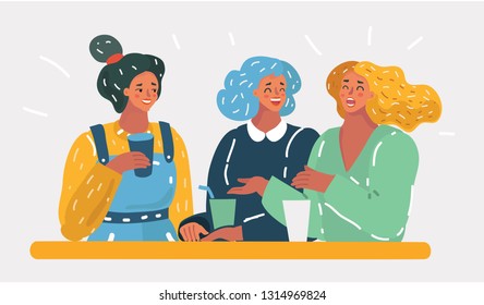 Vector cartoon illustration of three women speaking in cafe to each other. Friendship and communication concept. Female team on white isolated background.