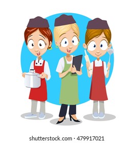 Vector cartoon illustration of three young women chefs