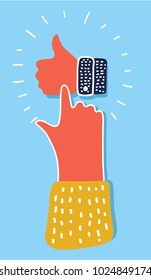 Vector cartoon illustration thumb up hand. . Human hand touch by finger or push it. Colorful Drawn modern style concept on blue isolated background.
