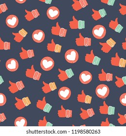 Vector cartoon illustration of Thumb up and heart seamless on dark background.