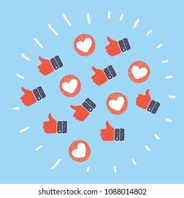 Vector cartoon illustration of Thumbs up and down, heart signs on colorful round vector icons. Simple buttons with user feedback for social network, mobile app or web site design.