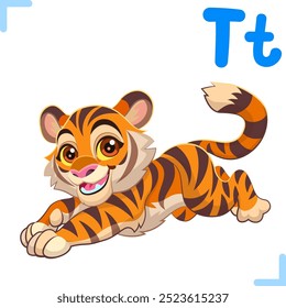 Vector cartoon illustration of a tiger with letter "T" - design for English alphabet for children. Collection of cute animals and letters.