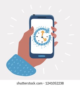 Vector cartoon illustration of time clock on smartphone screen. Wake up or timer app. Hand holding smartphone. Scetch hand drawn concept.