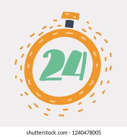 Vector cartoon illustration of Time icon, Clock vector isolated on white background. 24 hour assistance. Hand drawn sketch concept on white bakcground.