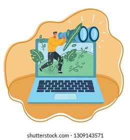 Vector cartoon illustration of tiny Man with binocular on the screen of big laptop concept. Searching in web concept.