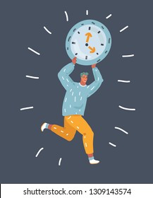 Vector cartoon illustration of tiny man carry big clock above him on dark background.