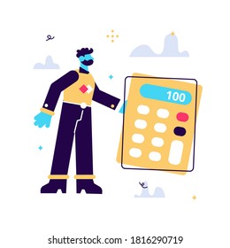 Vector cartoon illustration of tiny man standing near big calculator on white background.