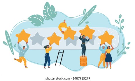 Vector cartoon illustration of tiny people with big stars in them hands . The best estimate, the score of five points. Characters leave feedback and comments, successful work is the highest score.