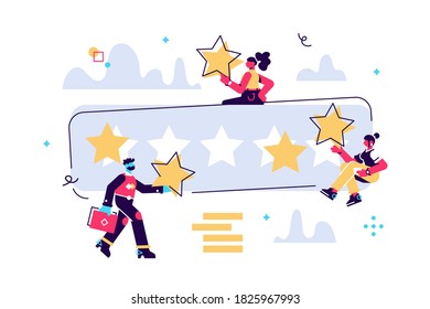 Vector cartoon illustration of tiny people with big stars in them hands . The best estimate, the score of five points. Characters leave feedback and comments, successful work is the highest score.