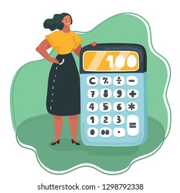 Vector cartoon illustration of tiny Woman with big calculator Diet plan concept on green background.