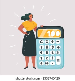 Vector cartoon illustration of tiny woman with big Calculator. Financial calculations, accountant. Accounting, bookkeeping, audit debit and credit calculations.