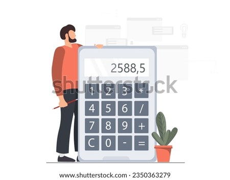Vector cartoon illustration of tiny woman with big Calculator. Financial calculations, accountant. Accounting, bookkeeping, audit debit and credit calculations.