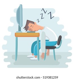 Vector cartoon illustration of tired employee sleeping at workplace on laptop keyboard