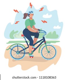 Vector cartoon illustration of Tired Exhausted Woman Training bicycle riding at park. Female annoyed Girl Exercising Concept. Try to join the sport, lose weight.