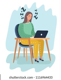 Vector cartoon illustration of Tired sad busy sleep office worker woman character at the table