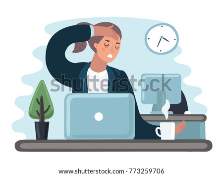 Vector cartoon illustration of tired sad busy office worker woman character. Girl work at the laptop feeling bad. Hold her had. Headache sick, flu, exhausted, stressed, depression