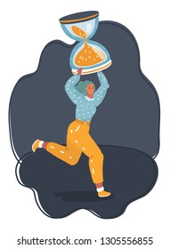 Vector cartoon illustration of tired tiny woman working overtime due deadline - run with big hourglass on her shoulder through the night background. Lack of time concept