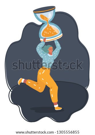 Vector cartoon illustration of tired tiny woman working overtime due deadline - run with big hourglass on her shoulder through the night background. Lack of time concept