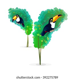 vector Cartoon illustration Toco toucans in alley with scattered trees. Clip art isolated on white background. EPS 10 without mesh