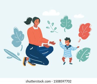 Vector cartoon illustration of Toddler Walking. Mother help her son try to walk