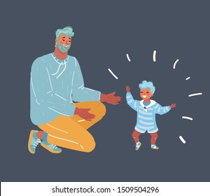 Vector cartoon illustration of Toddler Walking and Father helps him. Human characters on dark background.