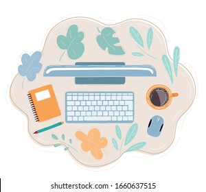 Vector cartoon illustration of Top view on office workplace. Keyboard, cup of coffee, notebook, pencil, cup of coffee, mouse.