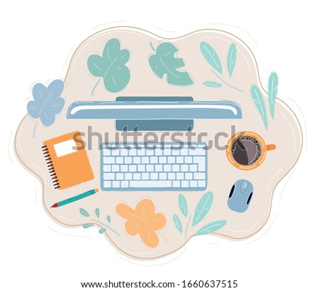 Vector cartoon illustration of Top view on office workplace. Keyboard, cup of coffee, notebook, pencil, cup of coffee, mouse.