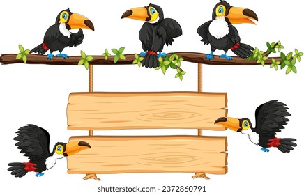 Dibujo vectorial de una tocan encaramada en una rama de árbol con un cartel de madera