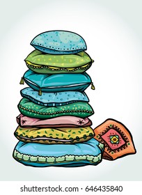 Vector cartoon illustration with tower of colorful pillows on a white background. 