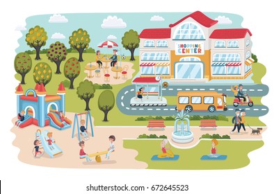 Vector cartoon illustration of town landscape. Elements with people walking playing and relaxing