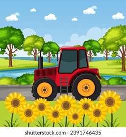 Dibujo vectorial de un tractor conduciendo por una carretera rodeada de girasoles en una zona rural de tierras de cultivo