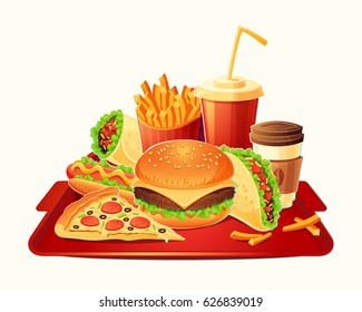 Vector cartoon illustration of a traditional set of fast food meal - hamburger, hot dog, pizza, french fries, taco, take-away coffee, cola - isolated on white. Signboards, badges, stickers, tags