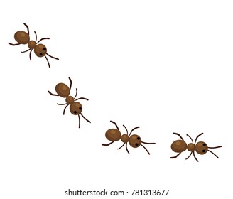 Vector cartoon illustration of a trail of brown ants in line isolated against a white background