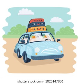 Vector cartoon illustration of Travel Car parking in the countryside. baggage for family trip. Luggage trunks suitcase on top. Travel or relocation, migration, trip concept. Funny object.