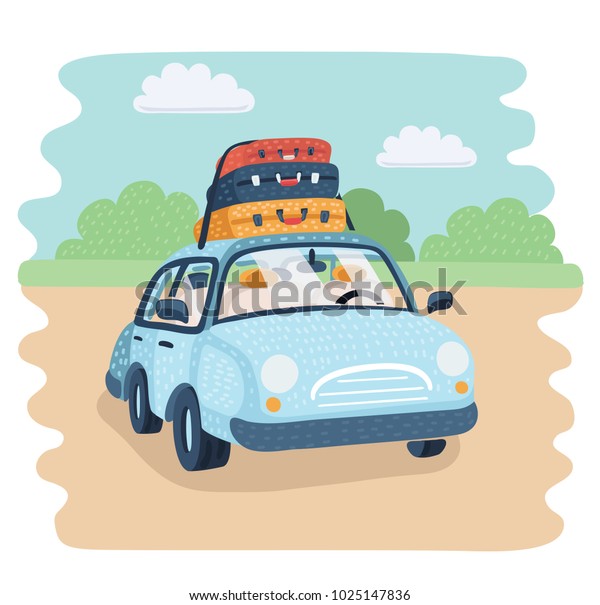 Vector\
cartoon illustration of Travel Car parking in the countryside.\
baggage for family trip. Luggage trunks suitcase on top. Travel or\
relocation, migration, trip concept. Funny\
object.
