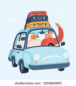 Vector cartoon illustration of travel man drive car. Luggage trunks suitcase on top. Travel or relocation, migration, trip concept. Funny male character and object on white background.