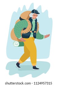 Vector cartoon illustration of traveling old lady with backpack and luggage. camping trip, outdoor adventure, hiking tourism, vintage style for vacation tour.