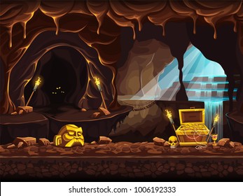 Vector cartoon illustration of the treasure cave with a waterfall and chest. Screen to the computer game Shadowy forest GUI. Background image to create buttons, banners, graphics.