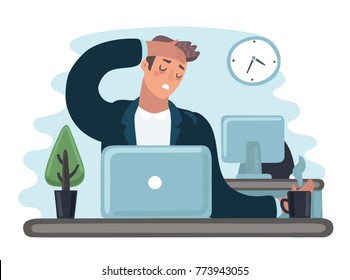 Vector cartoon illustration of tred sad busy office worker man character. Clerk work at the laptop feeling bad. Hold her had. Headache sick, flu, exhousted, stresse, depression