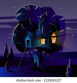 Vector cartoon illustration of tree house at dark night, evening. Cozy building with ladder on wood trunk with lush foliage. Summer children s place, playground. Light from window
