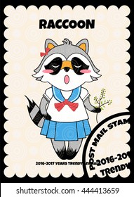  Vector cartoon illustration. Trendy animal raccoon girl stamp print, greeting card, post card or post stamp, cute sticker for diary, notebook or album. Black, grey, blue, red colors 