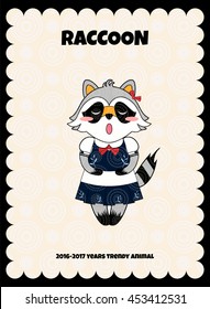 Vector cartoon illustration. Trendy animal raccoon girl stamp print, greeting card, post card or post stamp, cute sticker for diary, notebook or album. Black, grey, blue, red colors