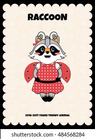 Vector cartoon illustration. Trendy animal raccoon girl stamp print, greeting card, post card or post stamp, cute sticker for diary, notebook or album. Black, grey, blue, red colors