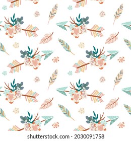 Vector cartoon illustration in trendy boho style. Seamless pattern with arrows, fllowers composition and feathers. Cute scandinavian pattern. Hand drawn Boho elements.