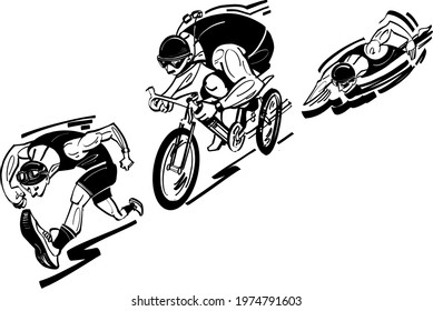 the vector cartoon illustration of the triathlon athletes 