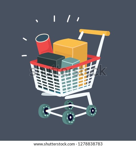 Vector cartoon illustration of Trolley full of products in supermarket. Object on dark bakcground.