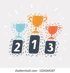 Vector cartoon illustration of trophy. Gold, silver, bronze. The winning podium. Showing an award First, second, third place. Object on isolated background.