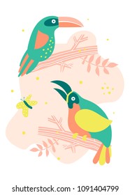 Vector cartoon illustration of a tropical bird Toucan.